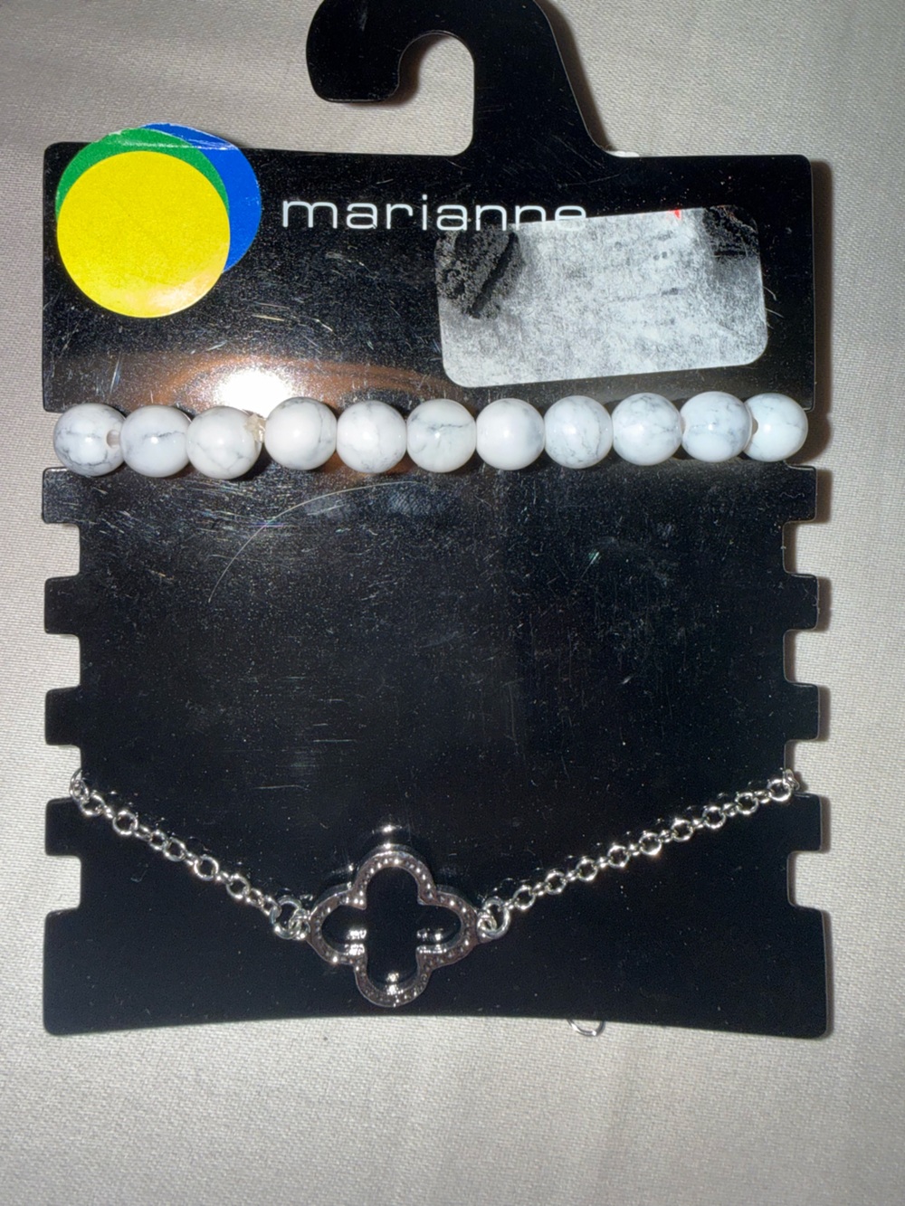 Marianne White Marble Bead & Silver Clover Bracelet Set